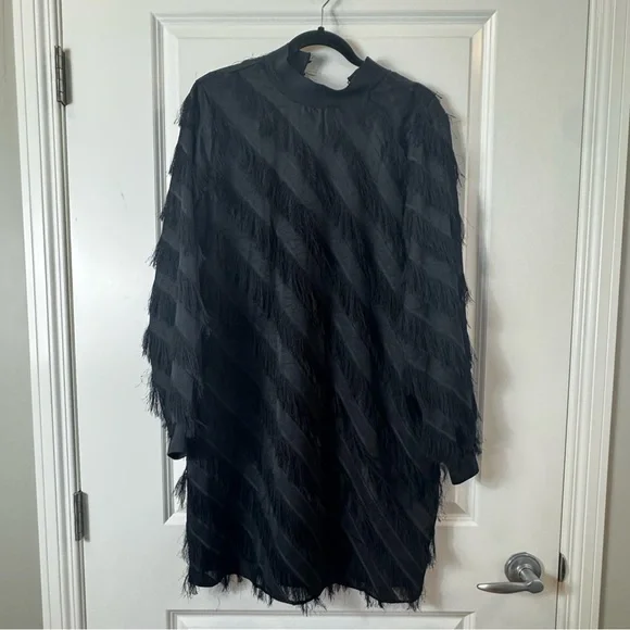 Elegant NWT Black Fringe Long Sleeve Midi Dress - Picture 3 of 8